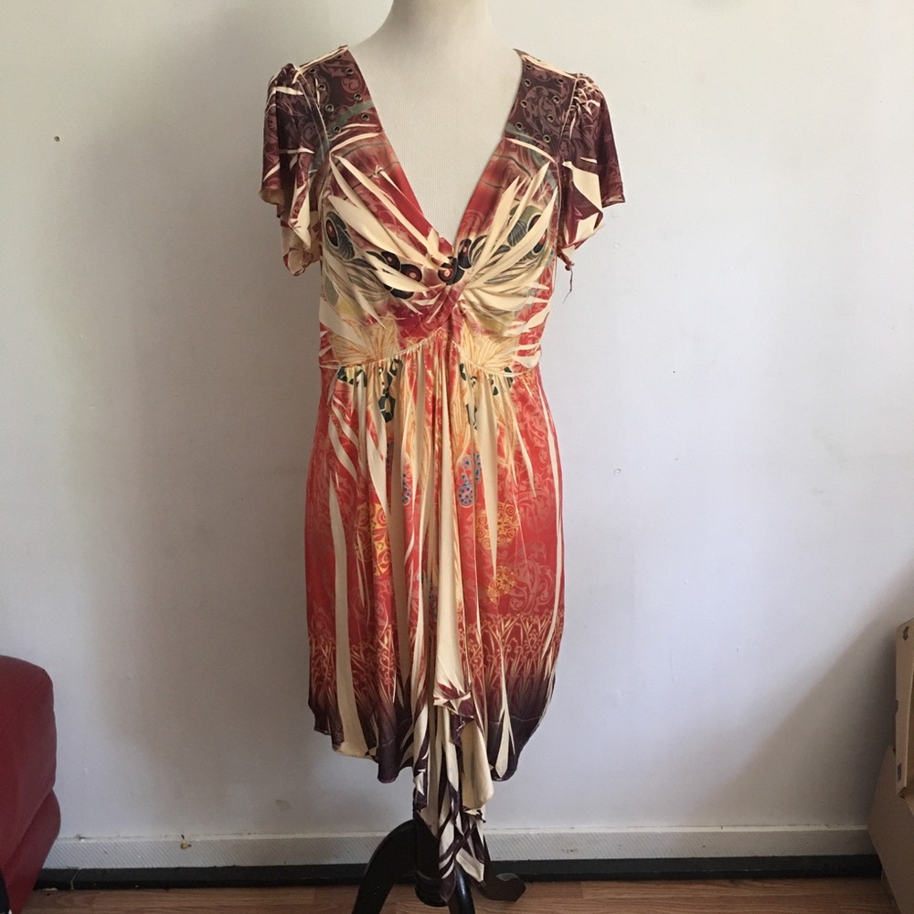 One World Tie-Dye Handkerchief  Multicolor V-Neck Dress: Size XL